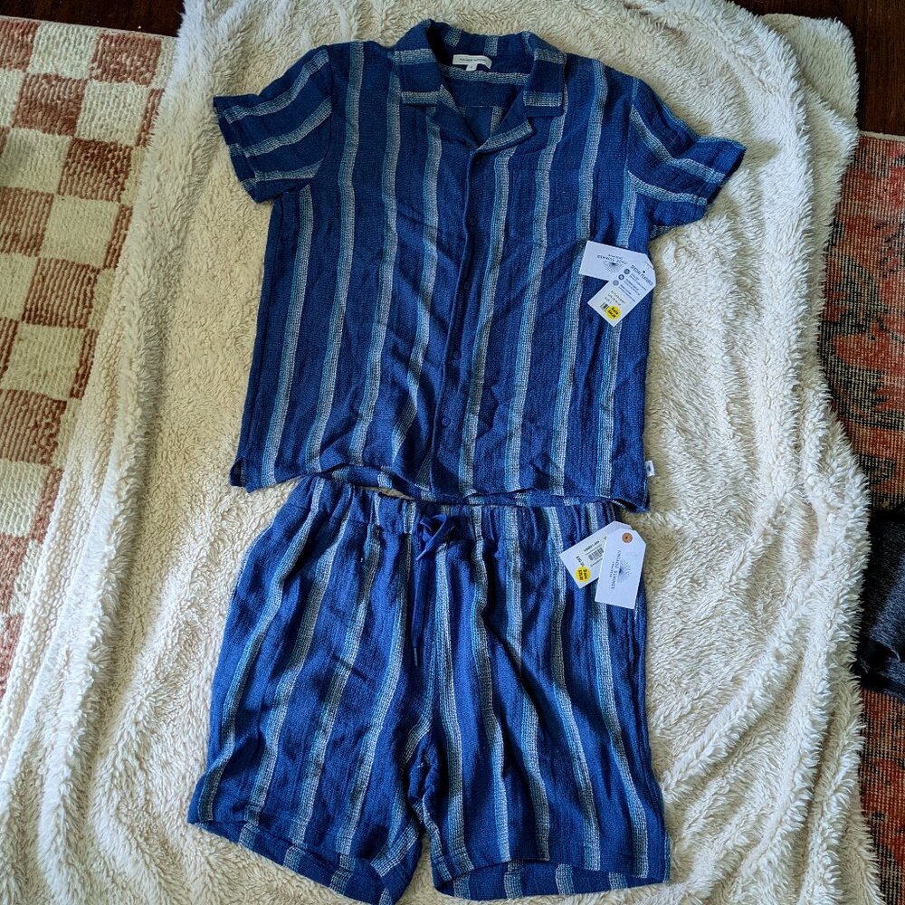 Men's Vintage Summer Set Blue Stripes Brand New NWT Buttons Pockets Drawstrings